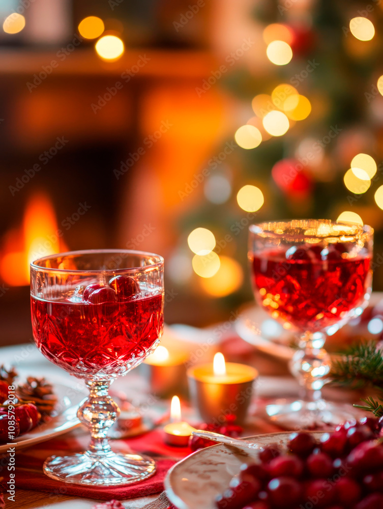 Berry lemonade and Christmas candles on the living room holiday table, non-alcoholic Christmas celebration concept Berry lemonade and Christmas candles on the living room holiday table, non-alcoholic Christmas celebration concept