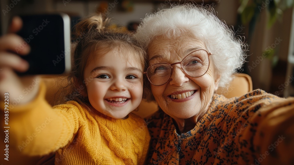 A senior citizen taking a selfie with a grandchild, both laughing and enjoying their time together, sharing the moment with their online friends. A senior citizen taking a selfie with a grandchild, both laughing and enjoying their time together, sharing the moment with their online friends.