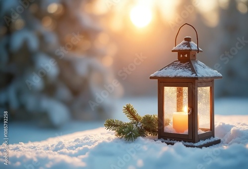 Christmas Lantern On Snow With Fir Branch in the Sunlight. Winter Decoration Background