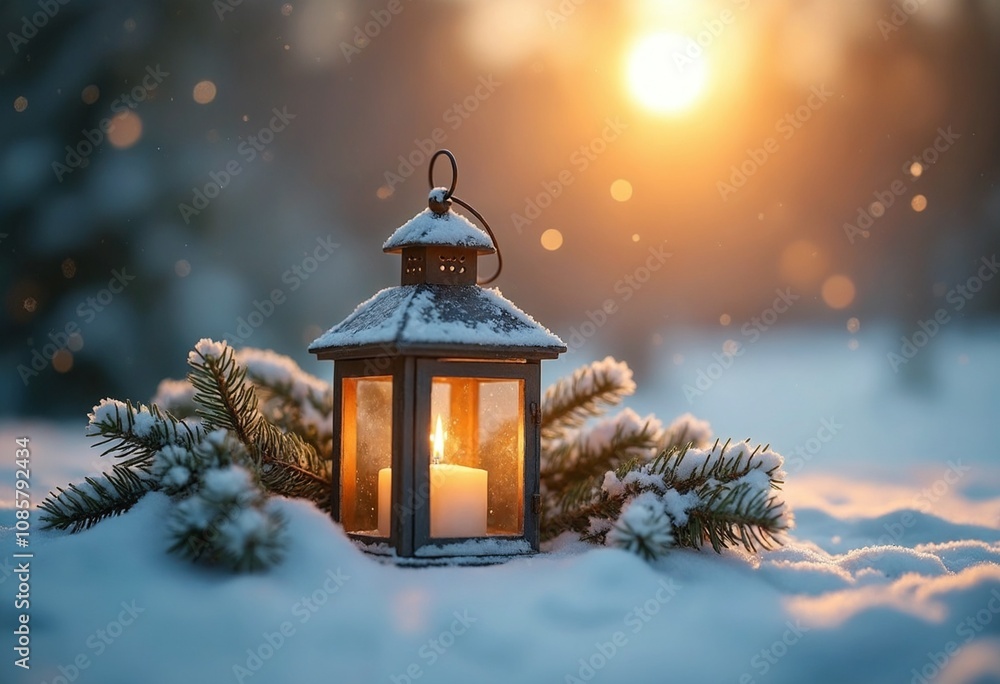 Christmas Lantern On Snow With Fir Branch in the Sunlight. Winter Decoration Background Christmas Lantern On Snow With Fir Branch in the Sunlight. Winter Decoration Background