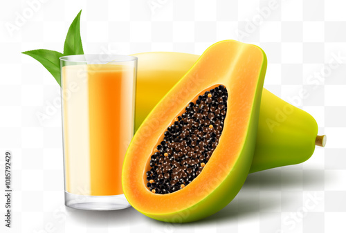 A glass of natural fresh papaya juice or smoothie. Cup of cocktail or yogurt with ripe papaya fruits, isolated on transparent background. Realistic 3d vector illustration