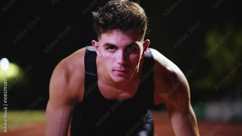Strong Young Man Starting a Race From Track Starting Blocks Position on a Dark Stadium in the Evening. Cinematic Portrait of a Fit Male Sprint Runner Participating in a Competition Strong Young Man Starting a Race From Track Starting Blocks Position on a Dark Stadium in the Evening. Cinematic Portrait of a Fit Male Sprint Runner Participating in a Competition