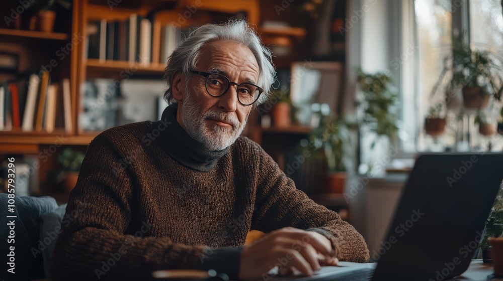 A senior social media influencer sitting at a cozy home desk, confidently engaging with followers on a live stream, sharing life advice and stories from their youth. A senior social media influencer sitting at a cozy home desk, confidently engaging with followers on a live stream, sharing life advice and stories from their youth.