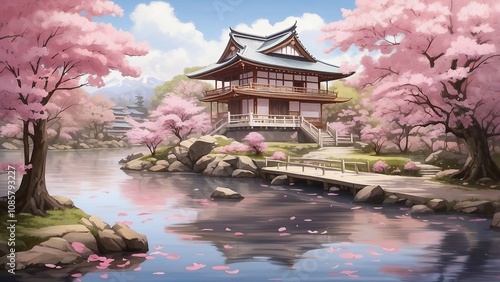 静かな池のほとりに佇む茶室、桜の花に囲まれ、淡いピンクの花びらが水面に浮かぶ