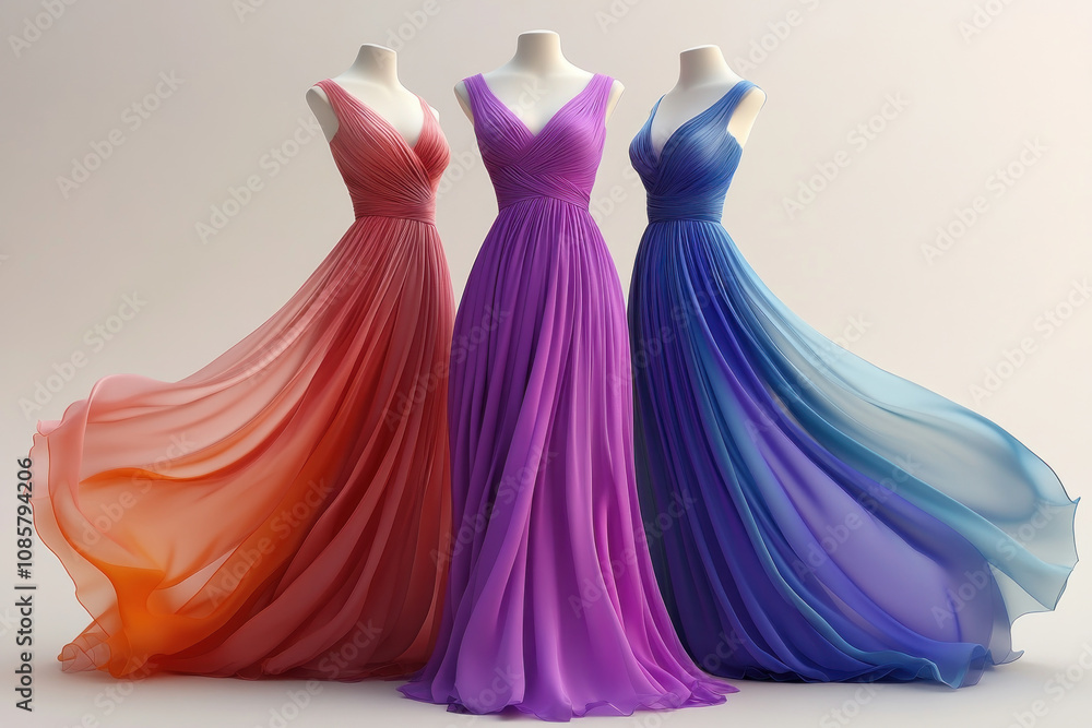 Two elegant dresses hanging on mannequins in a boutique with soft lighting, creating a glamorous and sophisticated display. Two elegant dresses hanging on mannequins in a boutique with soft lighting, creating a glamorous and sophisticated display.