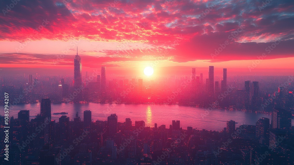 Digital sunrise over cyber city skyline Digital sunrise over cyber city skyline