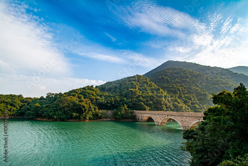 Tai Tam Reservoir in Hong Kong. It is surrounded by the Tai Tam Waterworks Heritage Trail which features heritage water facilities in Hong Kong.