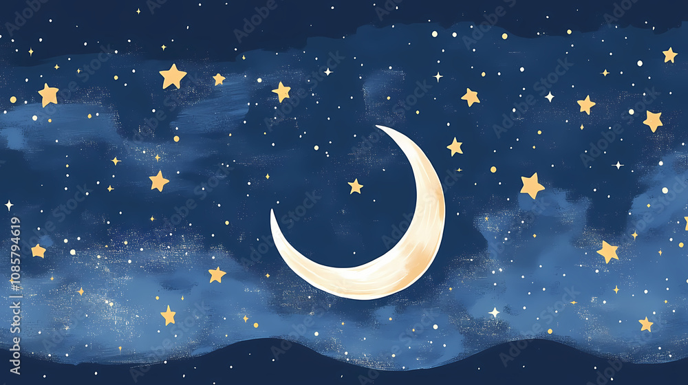 Naklejka premium Mystical celestial design with crescent moon and stars in deep blue night sky. Halcyon. Illustration