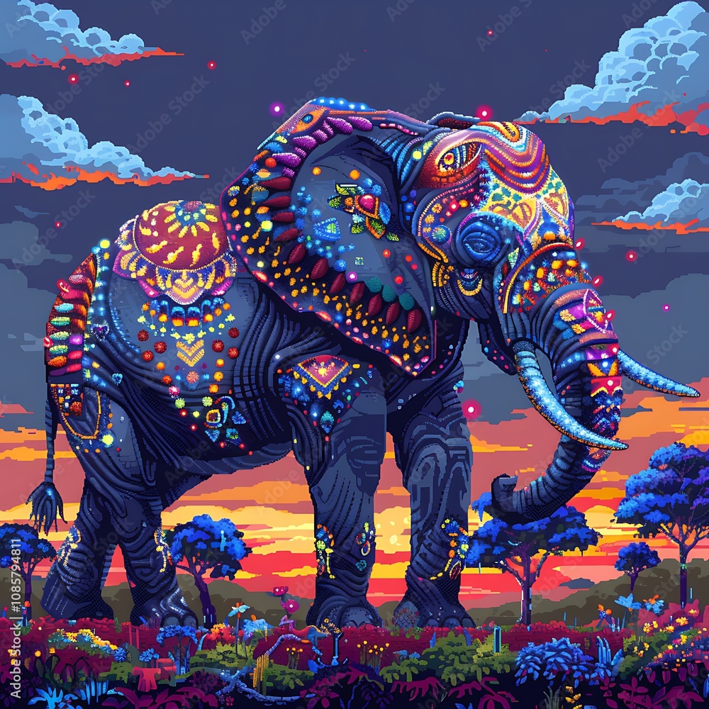 Obraz premium Colorful Mandala Elephant Against a Vibrant Sunset