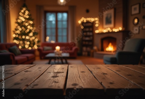 Empty rustic wooden table,  in the blurred background a a living room with Christmas tree, a fireplace and a window. warm night light mood photo