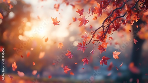 Autumn background with beautiful colorful leaves falling, Sunset time falling colorful leaves