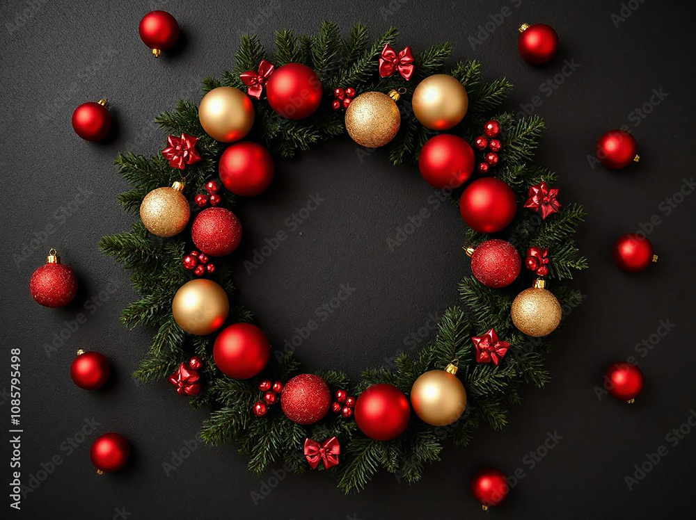 Christmas wreath with red and golden balls on a black background. Top view. Close-up. Christmas wreath with red and golden balls on a black background. Top view. Close-up.