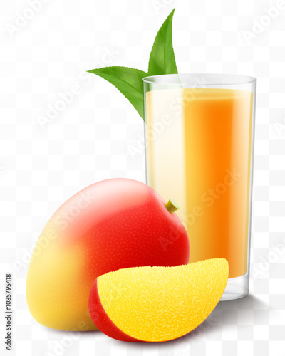 A glass of fresh mango fruit juice or smoothie with ice cubes falling into the glass. Cup of vitamin cocktail or yogurt with tasty mango, isolated on transparent background. Realistic 3d vector