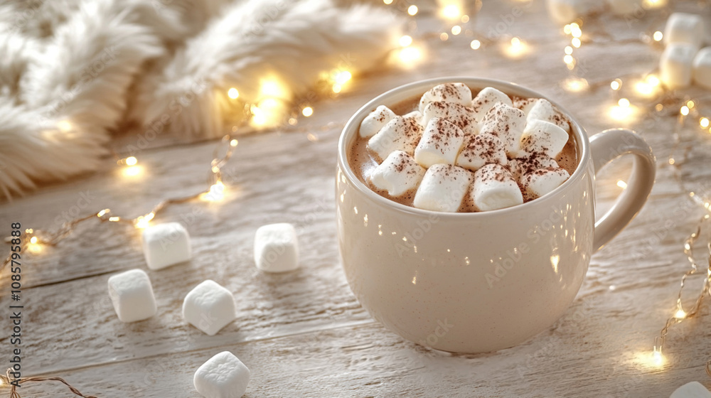 A mug with hot cacao, whipped cream and marshmallows, placed on a white rustic background with white faux fur , with small lighting garland scattered around, creating a cozy and festive atmosphere. A mug with hot cacao, whipped cream and marshmallows, placed on a white rustic background with white faux fur , with small lighting garland scattered around, creating a cozy and festive atmosphere.