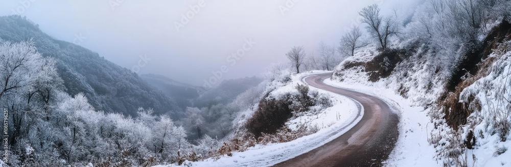 Obraz premium winding road in the mountains, covered in snow and surrounded by trees on both sides