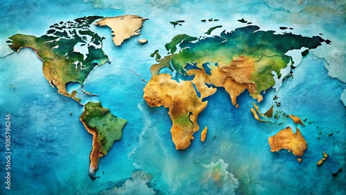 A textured, artistic rendering of the world map, depicting continents in earthy tones against a blue ocean background.