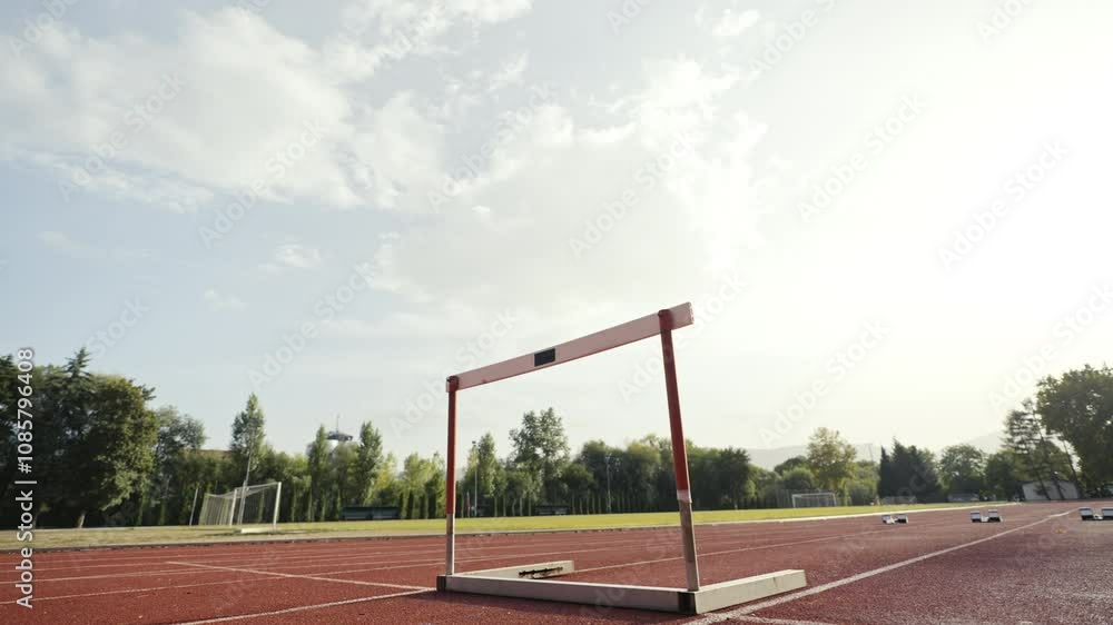 Businessman jumping a hurdle while running on the athletics racing track Businessman jumping a hurdle while running on the athletics racing track