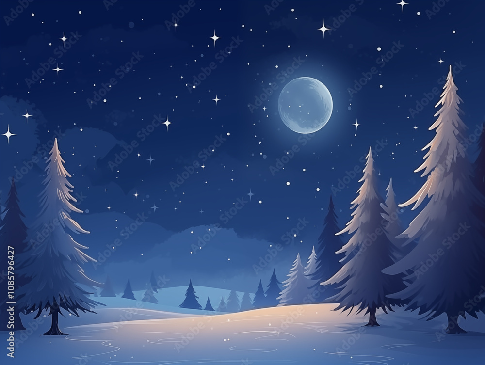 Naklejka premium Winter night with full moon and snow-covered trees.