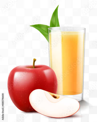 A glass of fresh apple juice or smoothie. Cup of cocktail or yogurt with red apple, isolated on transparent background. Realistic 3d vector illustration