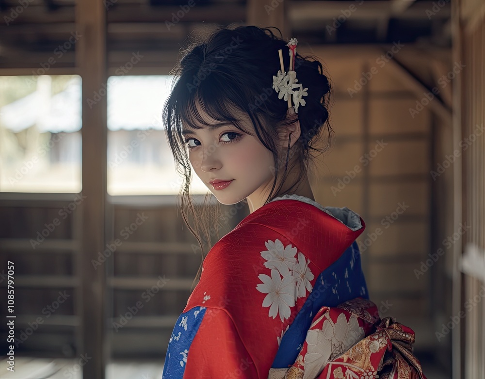an attractive Japanese woman wearing a red and blue kimono with a white flower pattern, walking in front of a temple an attractive Japanese woman wearing a red and blue kimono with a white flower pattern, walking in front of a temple