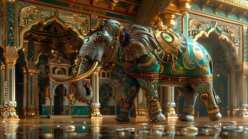 Colorful Mandala-Style Elephant in Vibrant Palace Setting photo