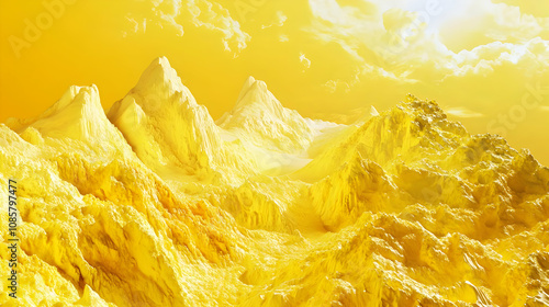 A surreal landscape of yellow mountains under a bright sky.