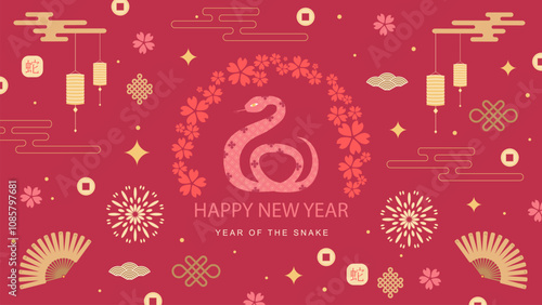 Banner template for Chinese New Year of the Snake with frame with traditional patterns and elements. Translated from Chinese - the symbol of a snake, New Year. Vector illustration