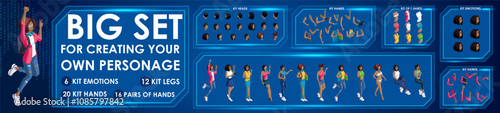 Isometric Woman Black characters constructor for designed N5. Presentation in various action. Set of Students personages flat style illustration photo