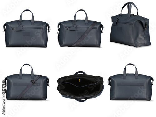 Dark navy blue leather duffel bag with sturdy handle, isolated on transparent background
