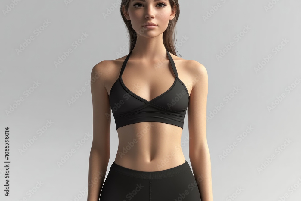 Obraz premium Woman in black sports bra top stretching against a vibrant sunset backdrop.