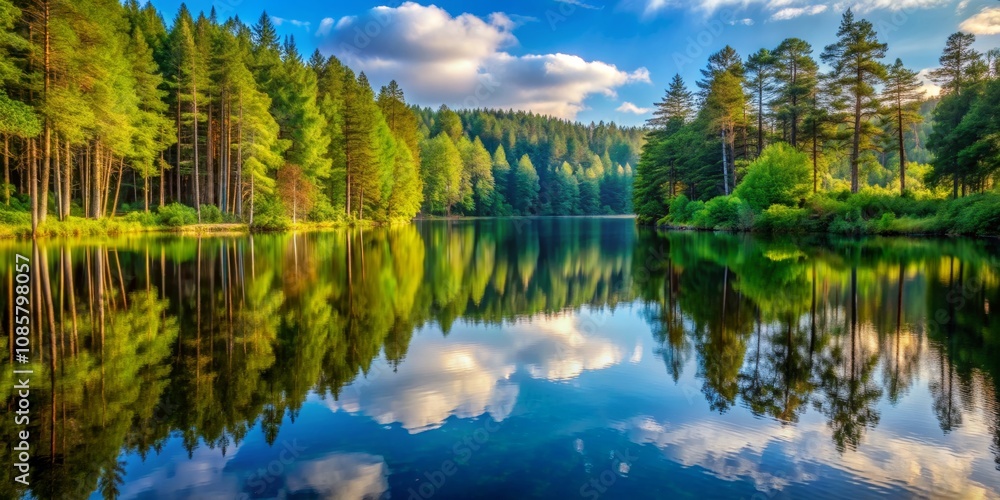 Serene Reflection of Forest and Clouds on Tranquil Lake, nature, forest, reflection Serene Reflection of Forest and Clouds on Tranquil Lake, nature, forest, reflection