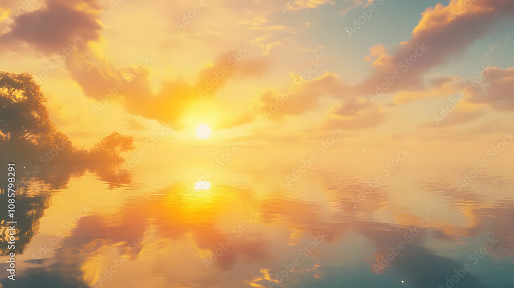 Naklejka premium A serene sunset over calm waters, reflecting vibrant colors and soft clouds.