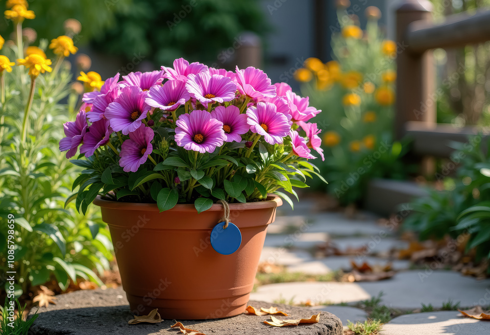 Purple flowers in a terra cotta pot on a garden patio. Purple flowers in a terra cotta pot on a garden patio.