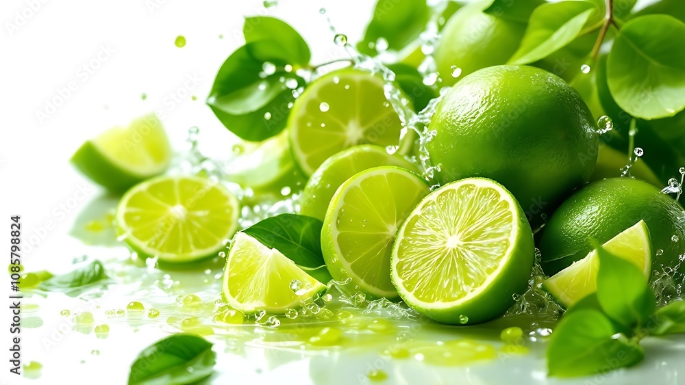 Set of fresh delicious limes splashing with leaves Set of fresh delicious limes splashing with leaves