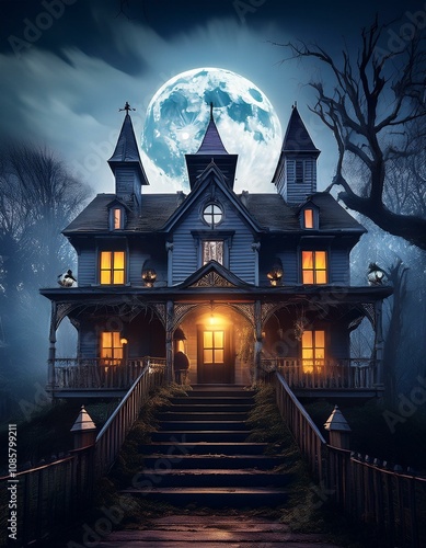 Spooky Victorian mansion on a moonlit night. Eerie, mysterious, and perfect for Halloween!