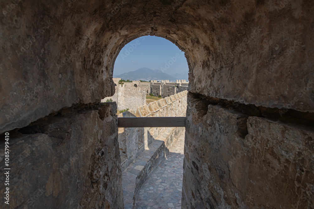 Stone walls of Mamure Castle on Mediterranean coast. Anamur, Mersin Province, Turkey.