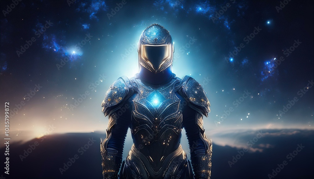 Naklejka premium A lone figure in ornate armor stands against a cosmic backdrop, a celestial warrior silhouetted against the starry expanse.