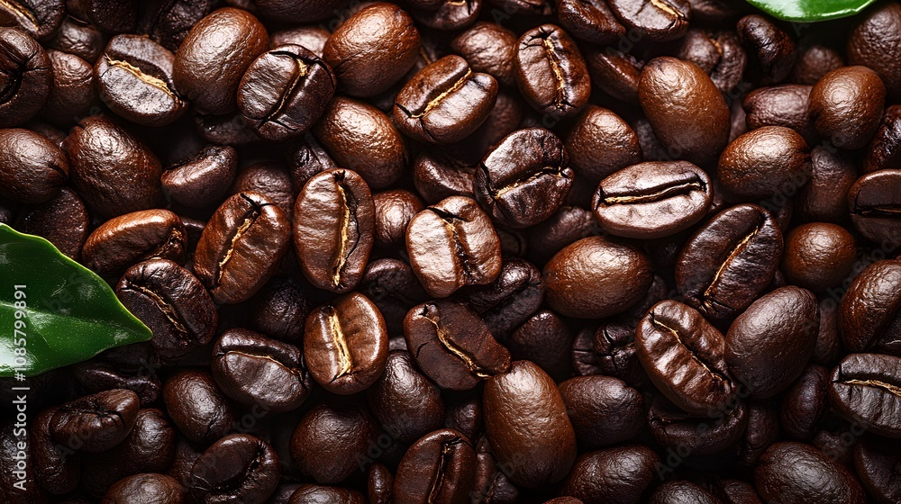 Fototapeta premium A close-up of rich, dark coffee beans scattered with green leaves.