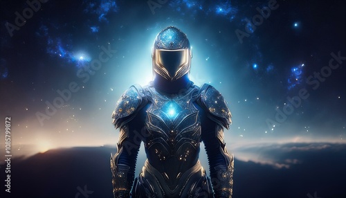 A lone figure in ornate armor stands against a cosmic backdrop, a celestial warrior silhouetted against the starry expanse.