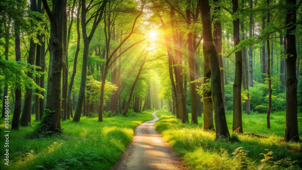 Naklejka premium Sunbeams through the Trees, Lush Green Forest Path, Sunlight Dappled, Nature Photography, Woodland Path, Forest Trail, Nature Scene