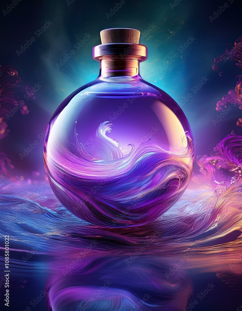 Mystical purple potion bottle glowing with vibrant inner light, swirling liquid. Mystical purple potion bottle glowing with vibrant inner light, swirling liquid.