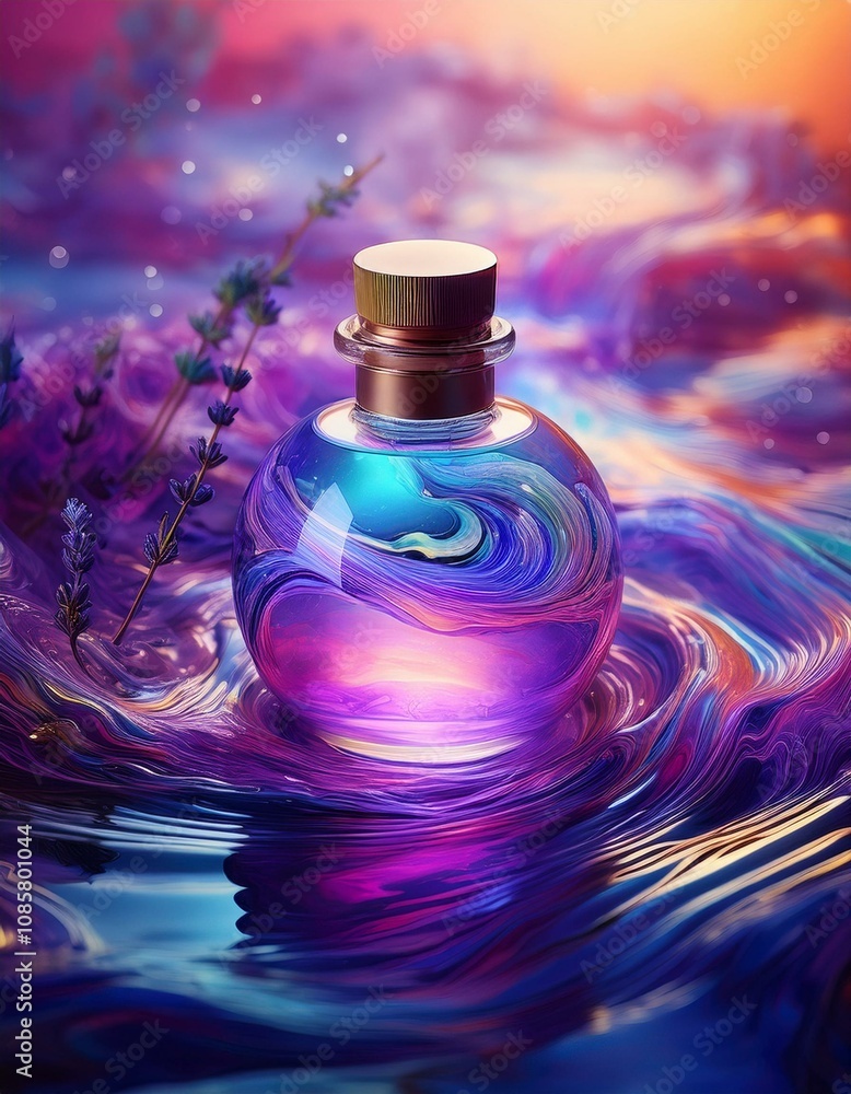Enchanted perfume bottle in vibrant purple and blue hues. Mystical and dreamy. Enchanted perfume bottle in vibrant purple and blue hues. Mystical and dreamy.
