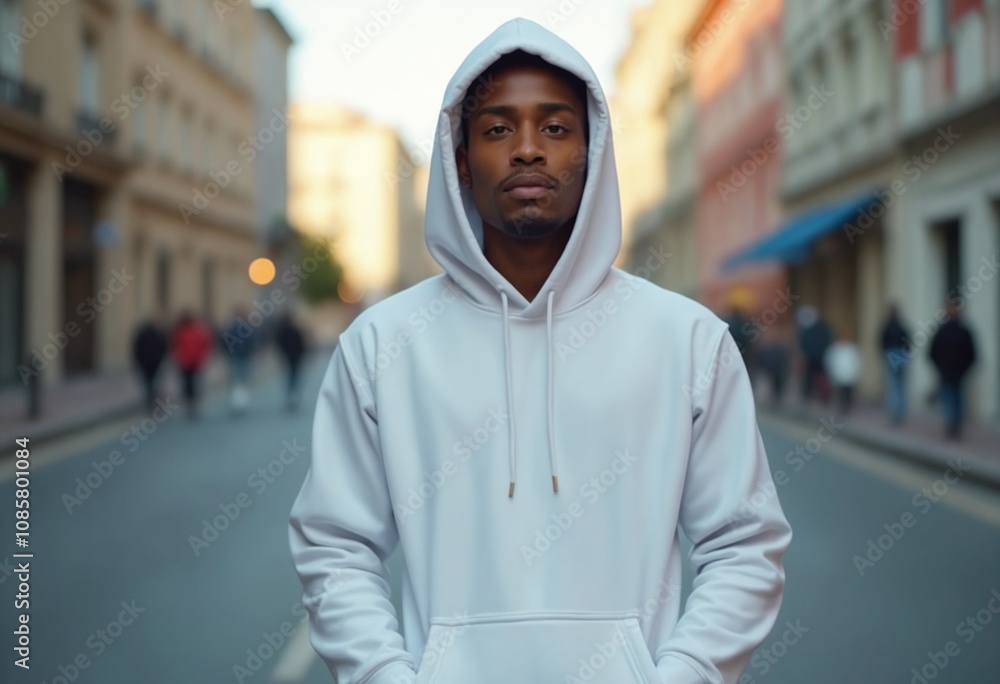 Front view of a young man wearing a blank white hooded sweatshirt with kangaroo pockets on a city street Front view of a young man wearing a blank white hooded sweatshirt with kangaroo pockets on a city street
