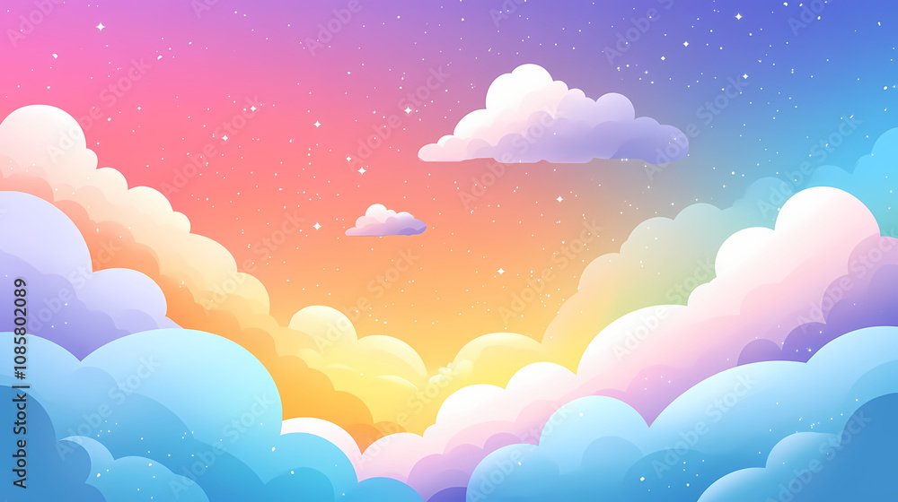 Colorful gradient sky with rainbow hues and shimmering clouds, capturing a magical, dreamlike ambiance. Halcyon. Illustration Colorful gradient sky with rainbow hues and shimmering clouds, capturing a magical, dreamlike ambiance. Halcyon. Illustration