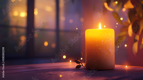 Close-up of a lit candle creating a warm and cozy ambiance, surrounded by softly illuminated bokeh lights in a peaceful setting. Halcyon. Illustration