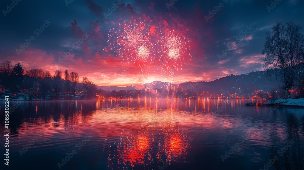 Breathtaking sunset reflected in water with vibrant fireworks display Breathtaking sunset reflected in water with vibrant fireworks display