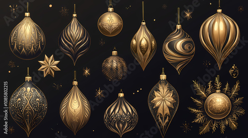 Decorative golden ornaments typically hung on christmas trees or used as centerpieces for holiday decor. Halcyon. Illustration photo