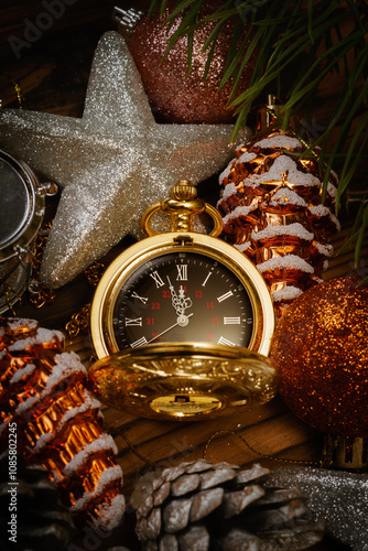 Golden vintage pocket watch showing New Year approaching as part of Christmas decorations