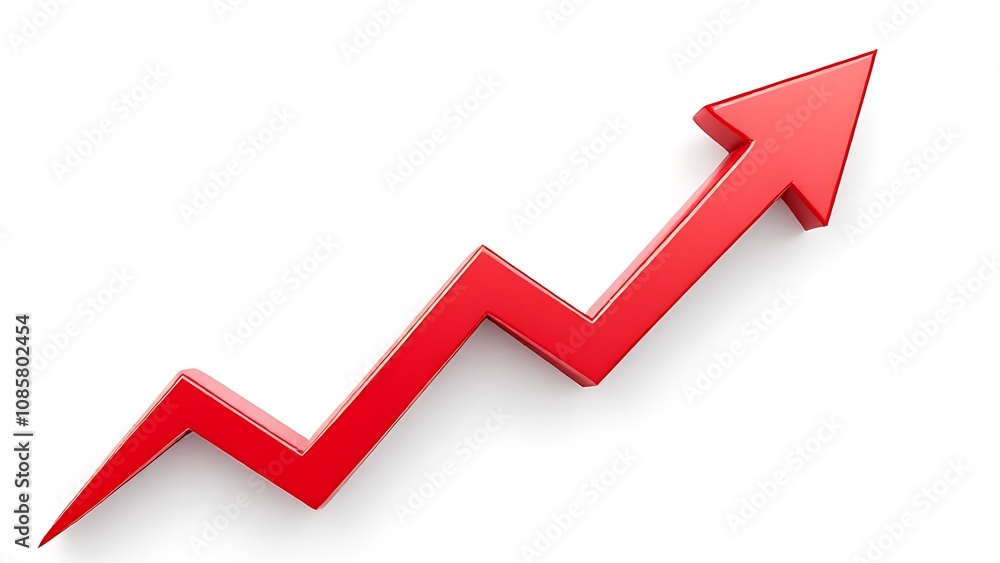 Red upward arrow graph showing rising trend Red upward arrow graph showing rising trend