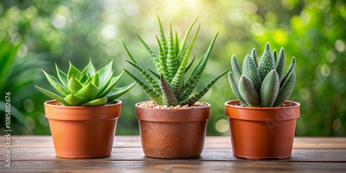 Three Succulents in Brown Pots on Wooden Table, Green Background, Closeup, Succulents, Houseplants, Indoor Plants